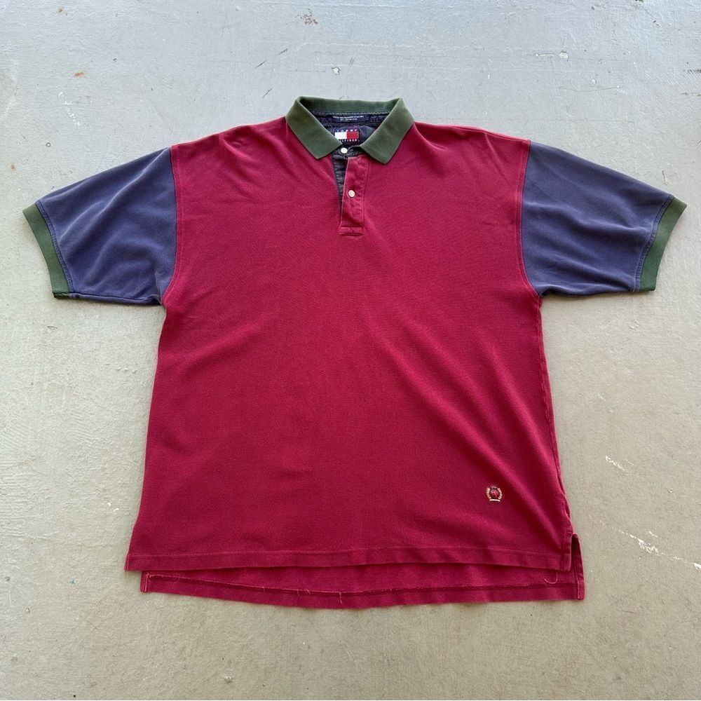 Tommy Hilfiger Vintage  Color-block Polo Shirt- Burgundy X-Large